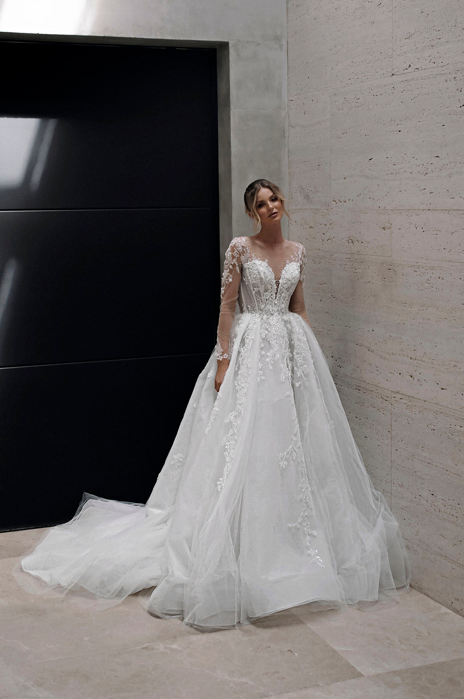 bali lace dress Bali: A-Line Gown with Sequin Lace Appliques and Glitter Tulle